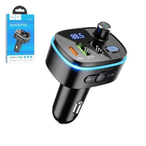 FM трансмиттер Hoco E62, черный, с дисплеем, USB тип C, USB тип A, 3 порта, 20 Вт, Quick Charge, Power Delivery PD , #6931474756299