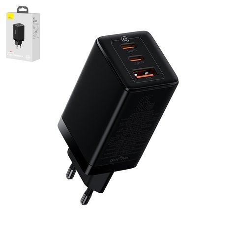 Mains Charger Baseus GaN3 Pro, 65 W, Quick Charge, black, with cable USB type C to USB type C, 3 outputs  #CCGP050101