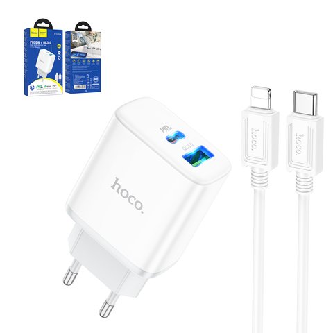 Mains Charger Hoco C105A, 20 W, Power Delivery PD , white, with cable USB type C to Lightning for Apple, 2 outputs  #6931474782939
