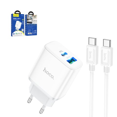 Adaptador de red Hoco C105A, 20 W, Power Delivery PD , blanco, con cable USB tipo C USB tipo C, 2 puertos, #6931474782922