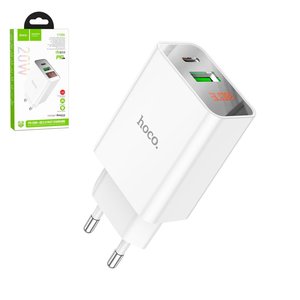 Мережевий зарядний пристрій Hoco C100A, 20 Вт, Quick Charge, Power Delivery PD , білий, з дисплеєм, 2 порта, #6931474769800