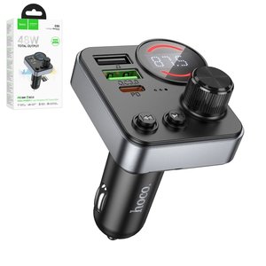 FM трансмиттер Hoco E86, черный, с кнопкой, с дисплеем, USB тип C, USB тип A, 3 порта, 48 Вт, Quick Charge, Power Delivery PD , #6942007646956