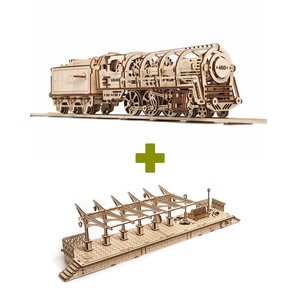 Механічний 3D-пазл UGEARS Набір 2 в 1: Локомотив + Перон